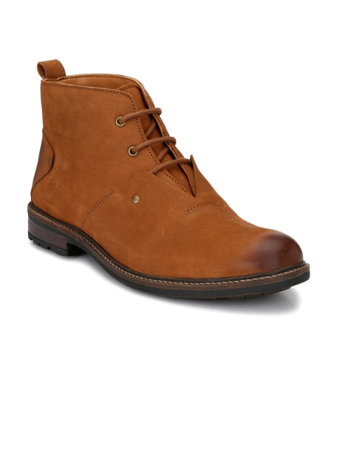 

SADDLE & BARNES Men Tan Solid Leather Mid-Top Flat Boots