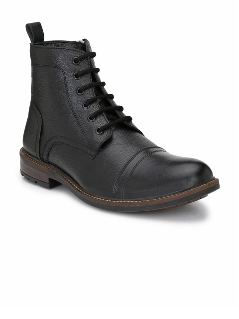 

SADDLE & BARNES Men Black Solid Leather Mid-Top Flat Boots