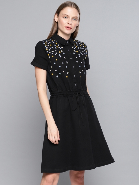 

Chemistry Women Black Fit & Flare Denim Dress with Embroidered Detail