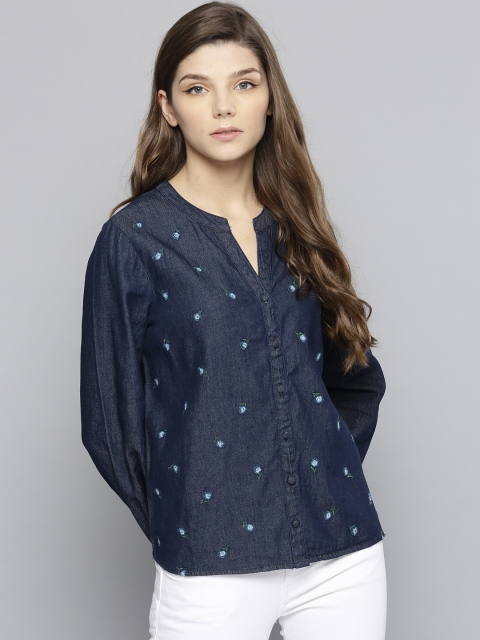 

Chemistry Women Navy Blue Regular Fit Denim Embroidered Casual Shirt