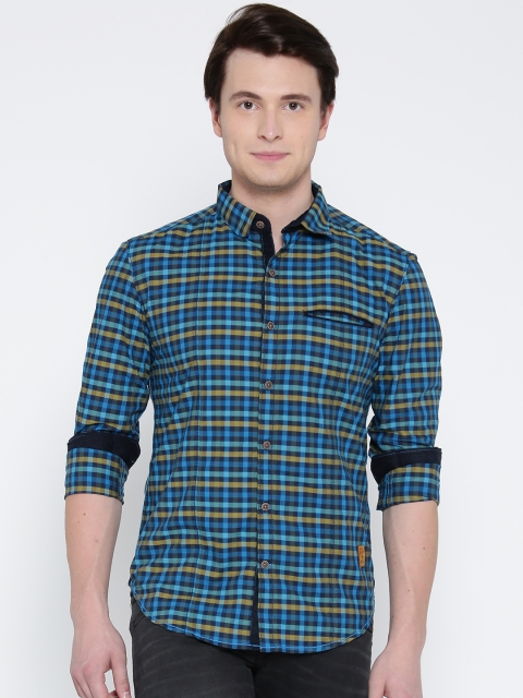 

Yellow Jeans Men Blue & Olive Green Checked Liquid Fit Casual Shirt