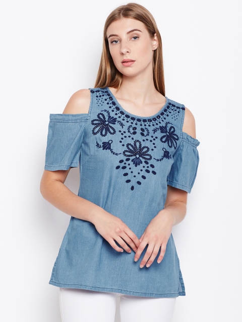 

Monte Carlo Women Blue Embroidered Cold-Shoulder Chambray Top