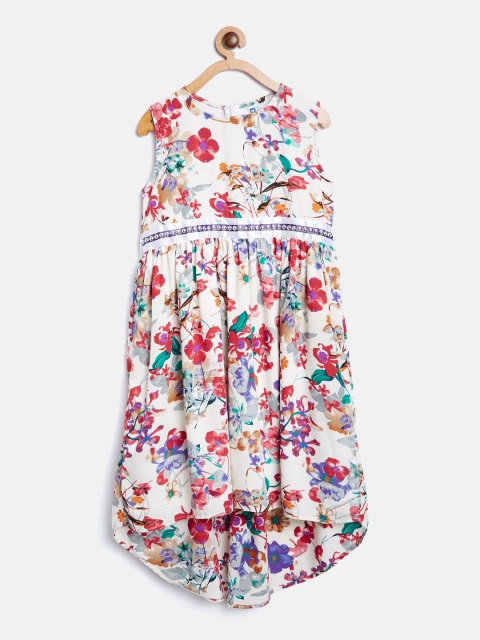 

612 league Girls Off-White & Red Floral Print Fit & Flare Dress