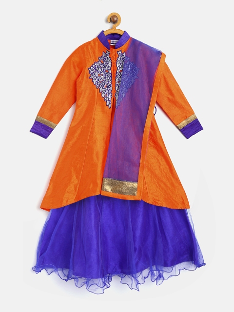 

612 league Girls Orange & Blue Solid Kurta with Skirt & Dupatta