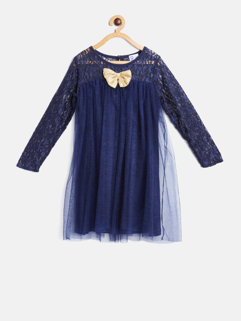 

612 league Girls Navy Self Design A-Line Dress, Navy blue