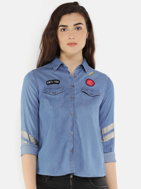 

People Women Blue Regular Fit Solid Chambray Casual Shirt