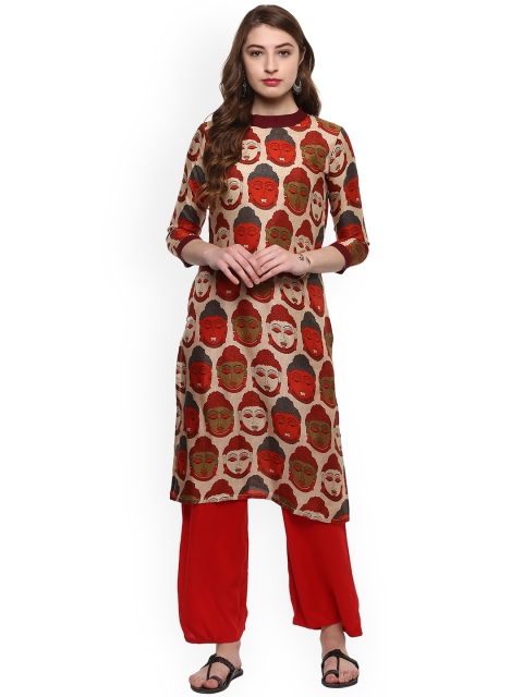 

La Firangi Women Beige & Red Printed Straight Kurta