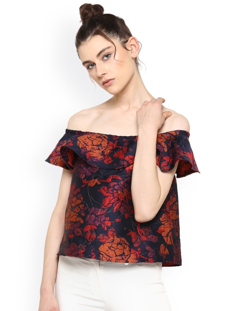 

Kazo Women Navy Blue Printed Bardot Top