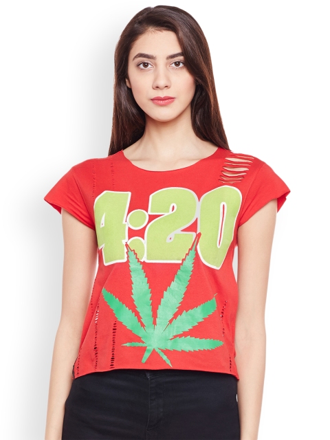 

PUNK Women Red Printed Round Neck T-shirt