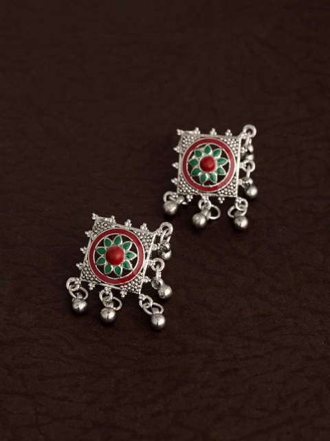

Voylla Silver-Toned & Red Plated Drop Earrings