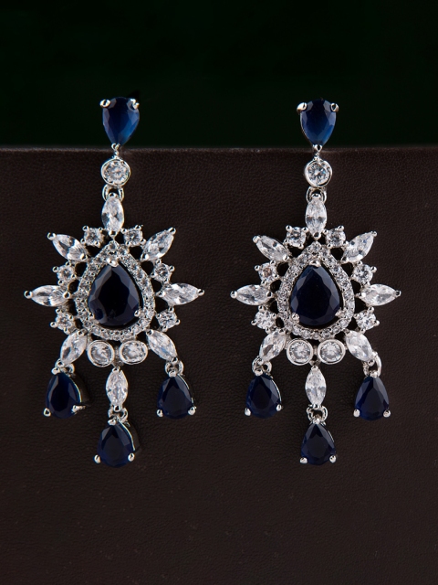 

Voylla Silver-Toned & Navy Blue Teardrop Shaped Drop Earrings
