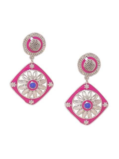 

Voylla Silver-Toned & Pink Silver-Plated Square-Shaped Drop Earrings