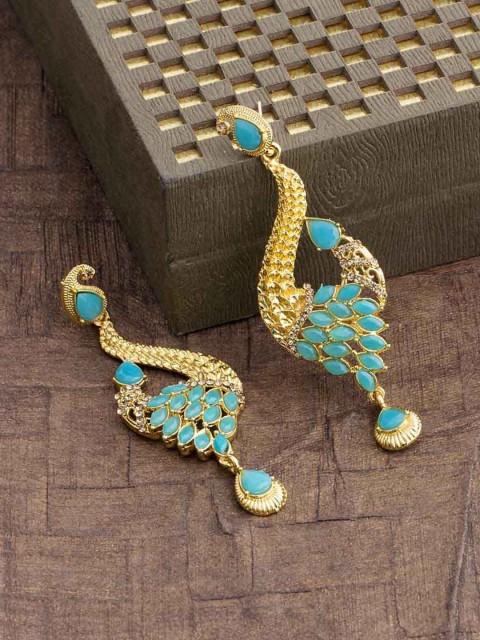

Voylla Women Gold Ethno-Aura Blue Stone Studded Peacock Earrings