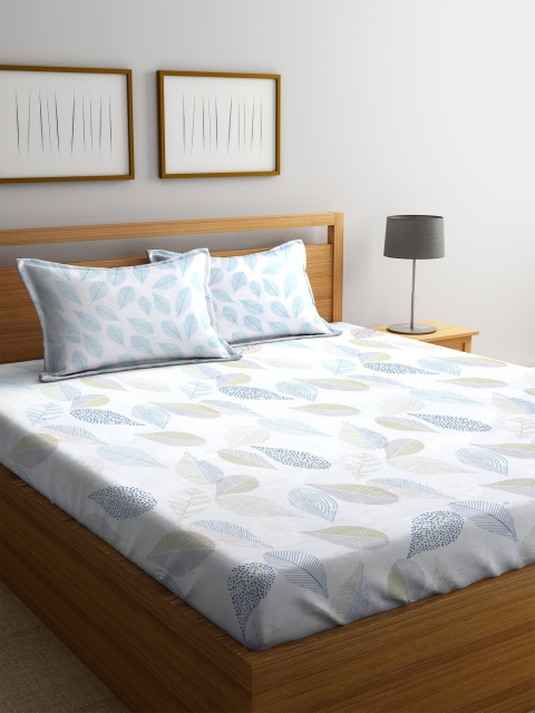 

SPACES Off-White & Blue 144 TC Cotton Double Bedsheet with 2 Pillow Covers