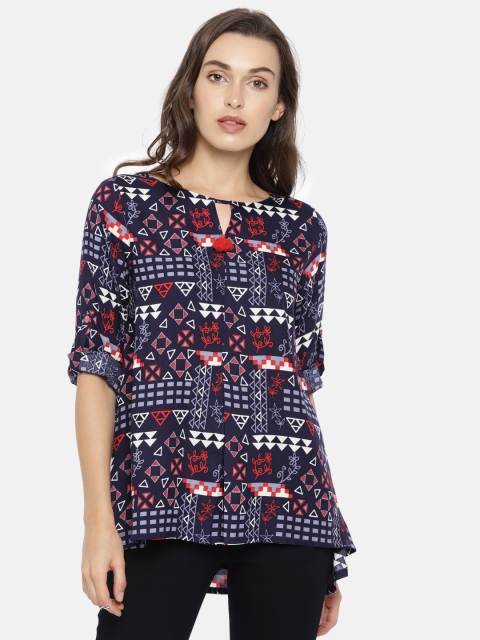 

Global Desi Women Blue Printed High-Low Hem Top