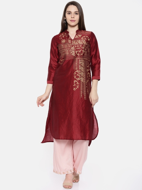 

Global Desi Women Maroon Geometric Printed Straight Kurta