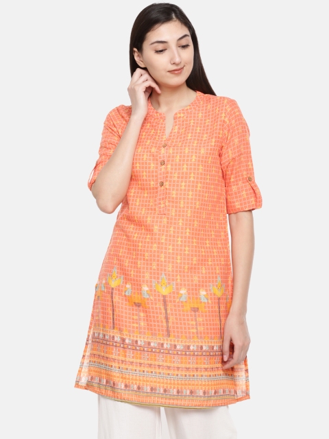 

Global Desi Women Orange Checked Straight Kurta