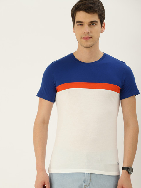 

United Colors of Benetton Men White & Blue Colourblocked Round Neck T-shirt