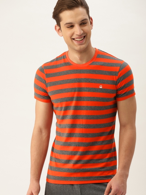 

United Colors of Benetton Men Orange & Grey Striped Round Neck T-shirt