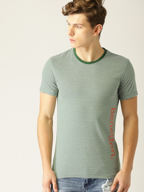 

United Colors of Benetton Men Green & White Striped Round Neck T-shirt