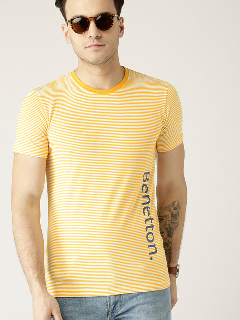 

United Colors of Benetton Men Yellow Striped Round Neck T-shirt