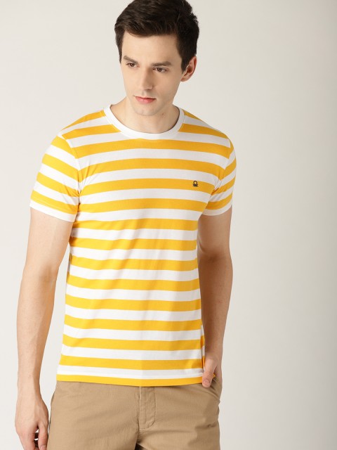 

United Colors of Benetton Men Yellow & White Striped Round Neck T-shirt