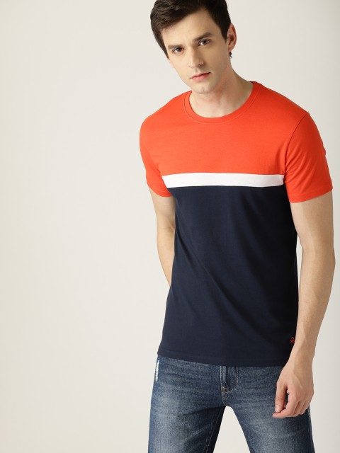 

United Colors of Benetton Men Orange & Navy Blue Colourblocked Round Neck T-shirt