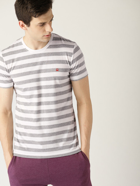 

United Colors of Benetton White & Grey Melange Striped Round Neck T-shirt