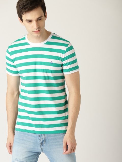 

United Colors of Benetton Men White & Green Striped Round Neck T-shirt