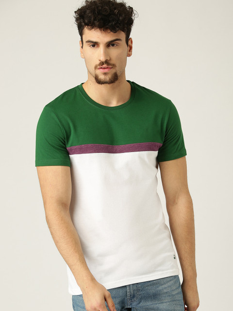 

United Colors of Benetton Men White & Green Colourblocked Round Neck T-shirt