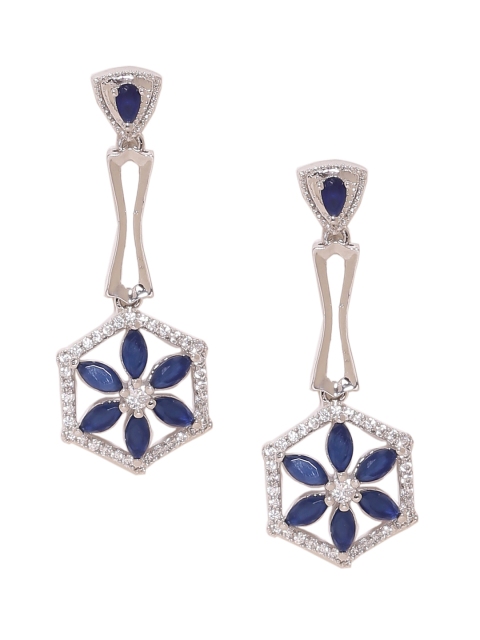 

Voylla Silver-Toned & Blue Floral Drop Earrings