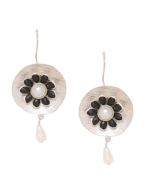 

Voylla Silver-Toned & Black Circular Shaped Silver-Plated Drop Earrings