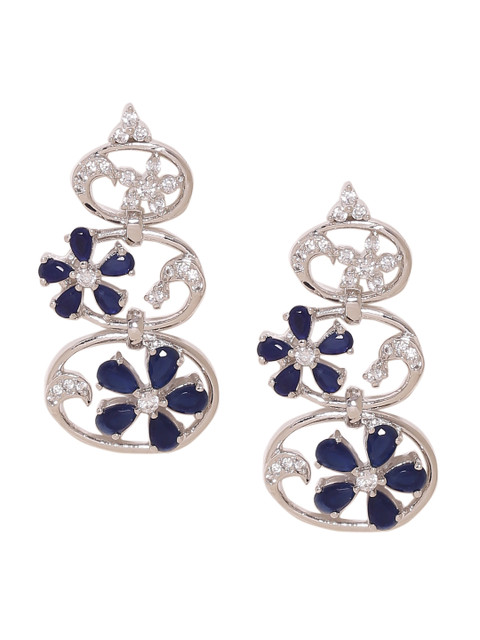 

Voylla Silver-Toned & Blue Floral Drop Earrings