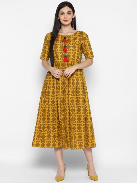 

Sringam Women Mustard Printed Fit and Flare Dress