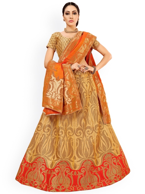 

Chhabra 555 Gold-Toned & Orange Embellished Semi-Stitched Lehenga & Unstitched Blouse with Dupatta