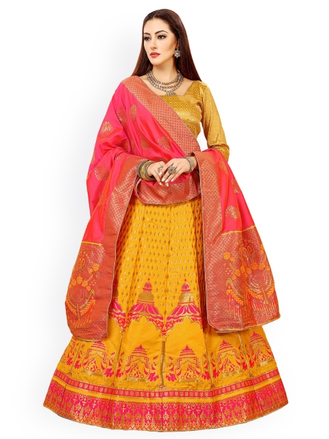 

Chhabra 555 Yellow & Pink Banarasi Silk Lehenga & Unstitched Blouse with Dupatta