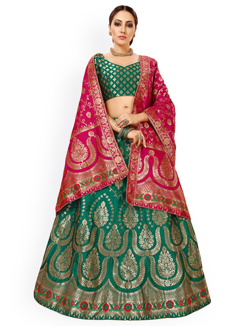 

Chhabra 555 Green & Pink Embellished Semi-Stitched Lehenga & Unstitched Blouse with Dupatta