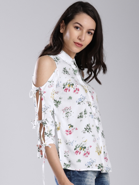

Bossini Women Off-White Printed Cold-shoulder Shirt Style Top