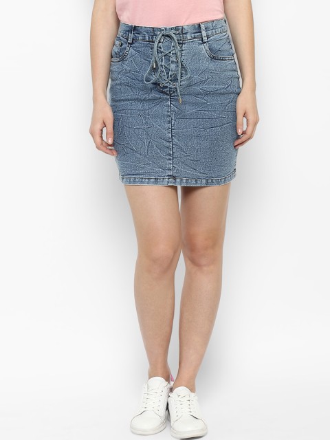 

StyleStone Women Blue Washed A-Line Denim Skirt