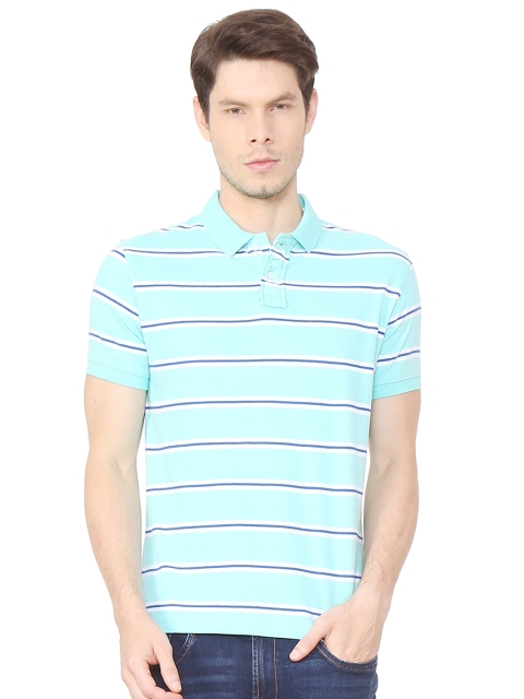 

Peter England Casuals Men Sea Green Striped Polo Collar T-shirt