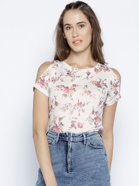 

METTLE Women White Printed Cold-Shoulder Top