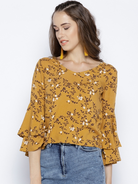

METTLE Women Mustard Yellow Printed A-Line Top