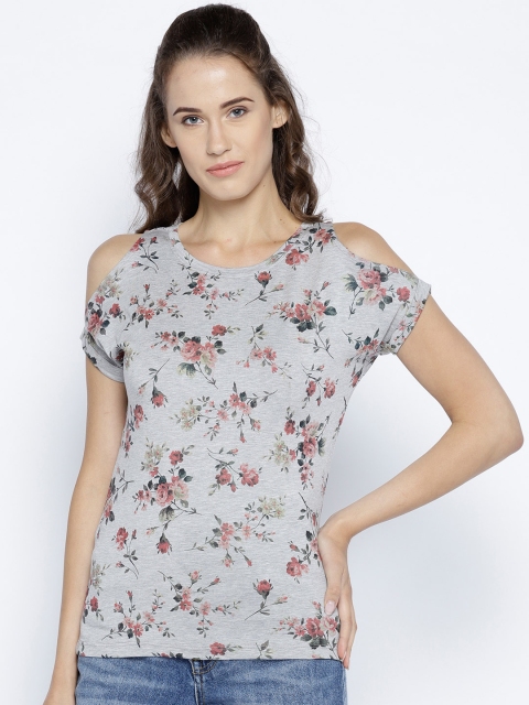 

METTLE Women Grey Melange Printed Cold-Shoulder Top