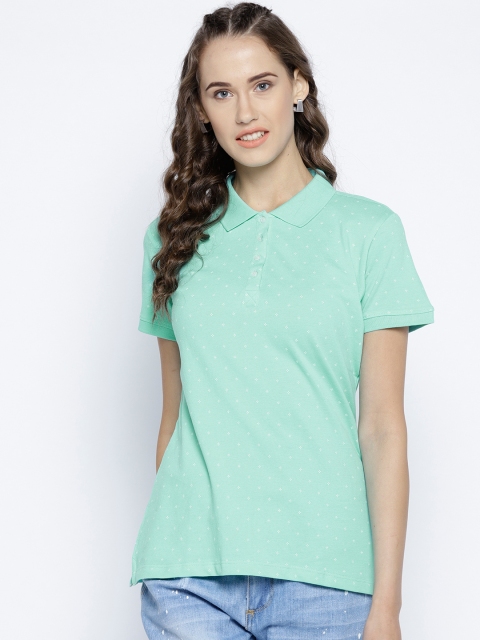 

METTLE Women Sea Green Printed Polo Collar T-shirt