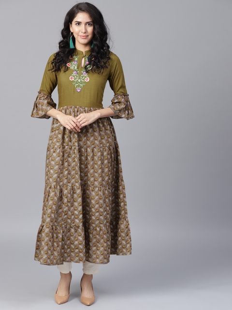

Yufta Women Olive Green & Grey Printed Anarkali Kurta