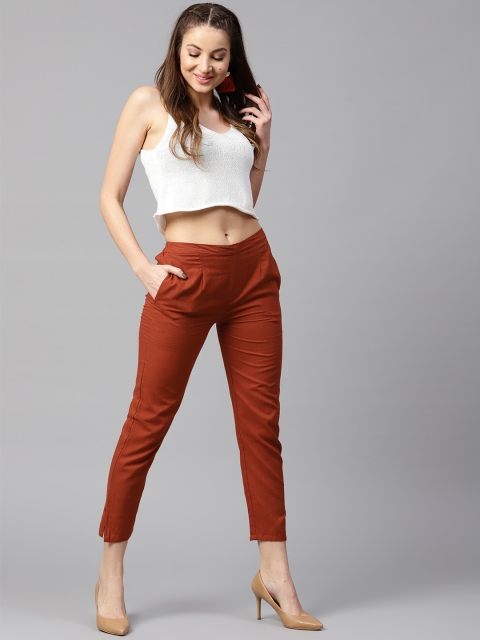 

Yufta Women Rust Red Regular Fit Solid Regular Trousers