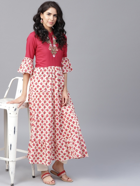 Yufta Women Off-White & Magenta Printed A-Line Kurta
