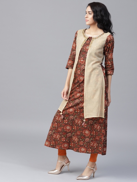 

Yufta Women Brown & Beige Printed Layered A-Line Kurta