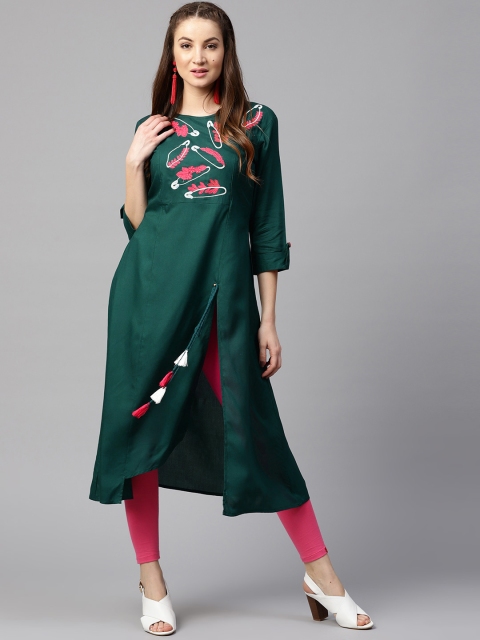 

Yufta Women Green Embroidered A-Line Kurta