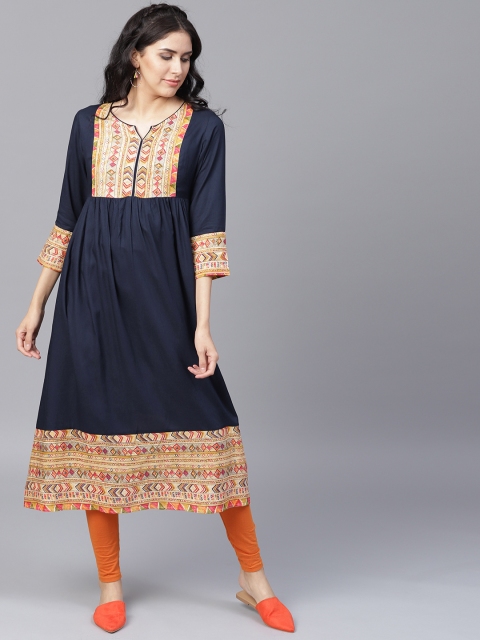 

Yufta Women Navy Blue Yoke Design A-Line Kurta